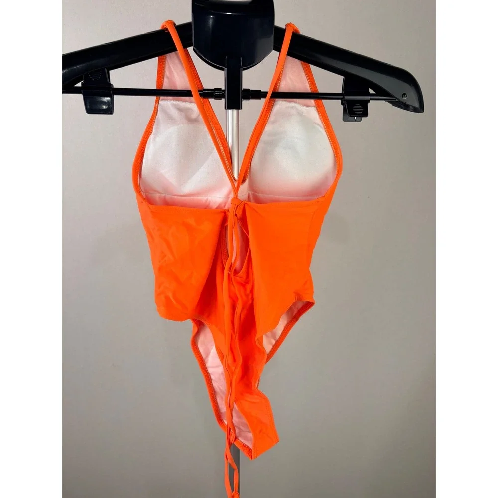 Neon Orange High Cut‎ Plunge One Piece Swimsuit Lace Up Back Medium